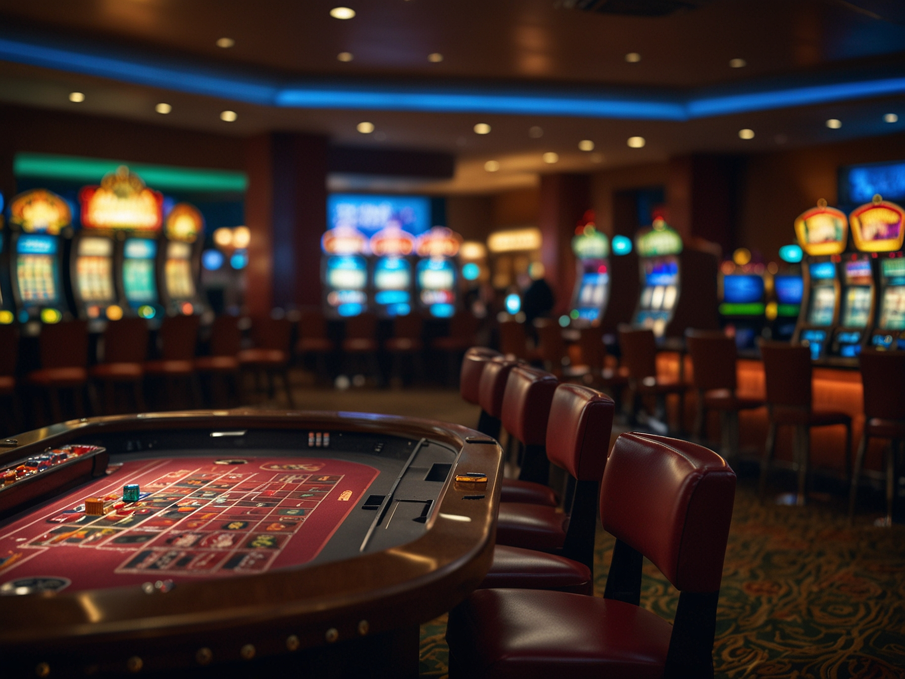 Mesa de casino y tragamonedas en la pantalla
